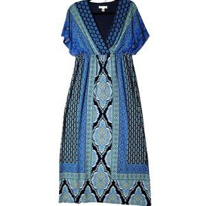 London Style Collection Maxi Dress Womens Sz 12 Flutter Sleeve Empire Waist Blue